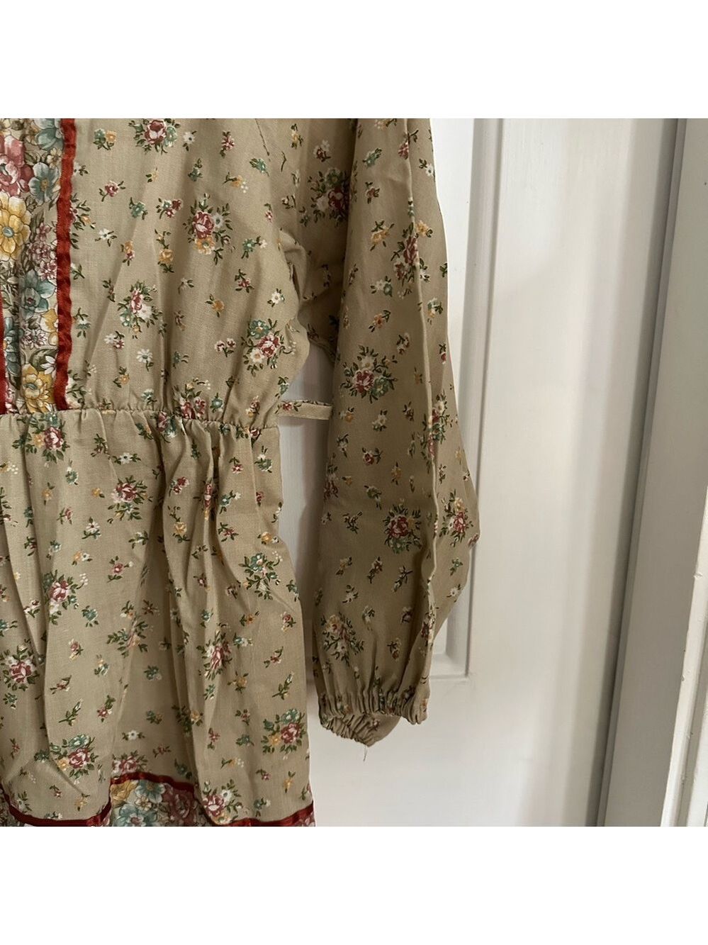 Vintage 1970's Boho Mini Prairie Dress Tunic Top Cream Floral Print Sz xs /child - Picture 3 of 14